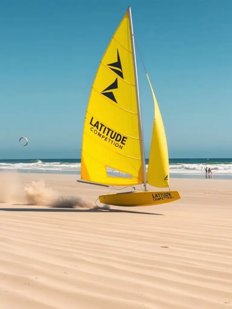 A dynamic image of a sand yacht speeding across a wide beach during a competition, with the LATITUDE COMPETITION logo subtly visible on the sail.