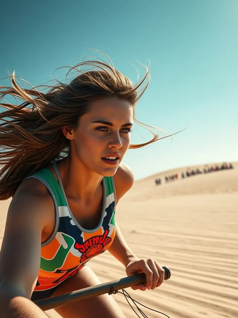 A focused athlete in a sand yacht, wind whipping through their hair, competing fiercely on a wide, sandy beach during a LATITUDE COMPETITION event.