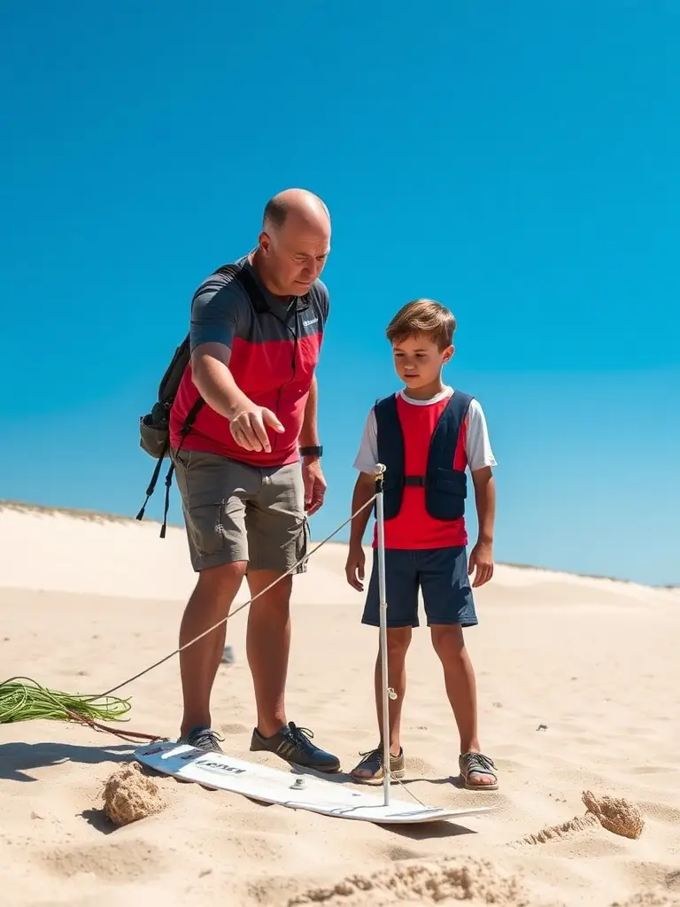 A focused shot of a coach providing instruction to a young athlete on sand yacht equipment, emphasizing the organization's commitment to youth development.