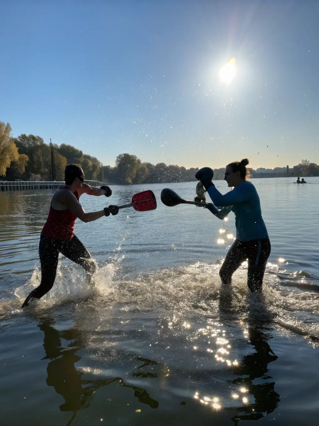 A vibrant photo of athletes participating in a stand-up paddleboarding race, showcasing the energy and excitement of the event organized by LATITUDE COMPETITION.