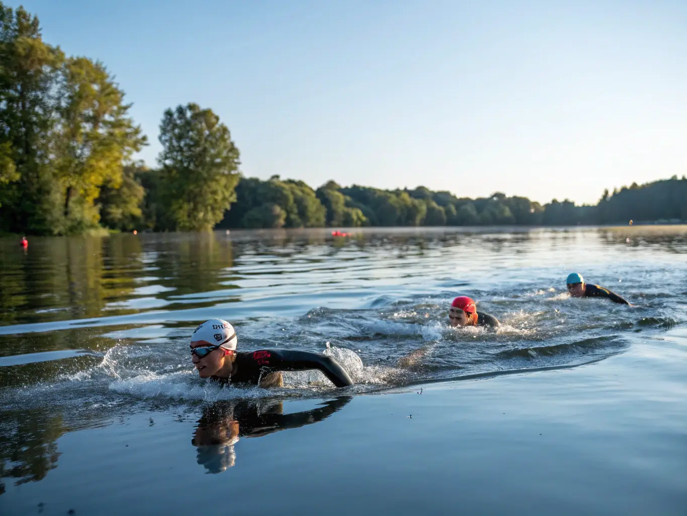 An inspiring image of athletes participating in a stand-up paddleboarding race, highlighting the physical challenge and the scenic beauty of the water. The image should convey a sense of community and healthy competition.
