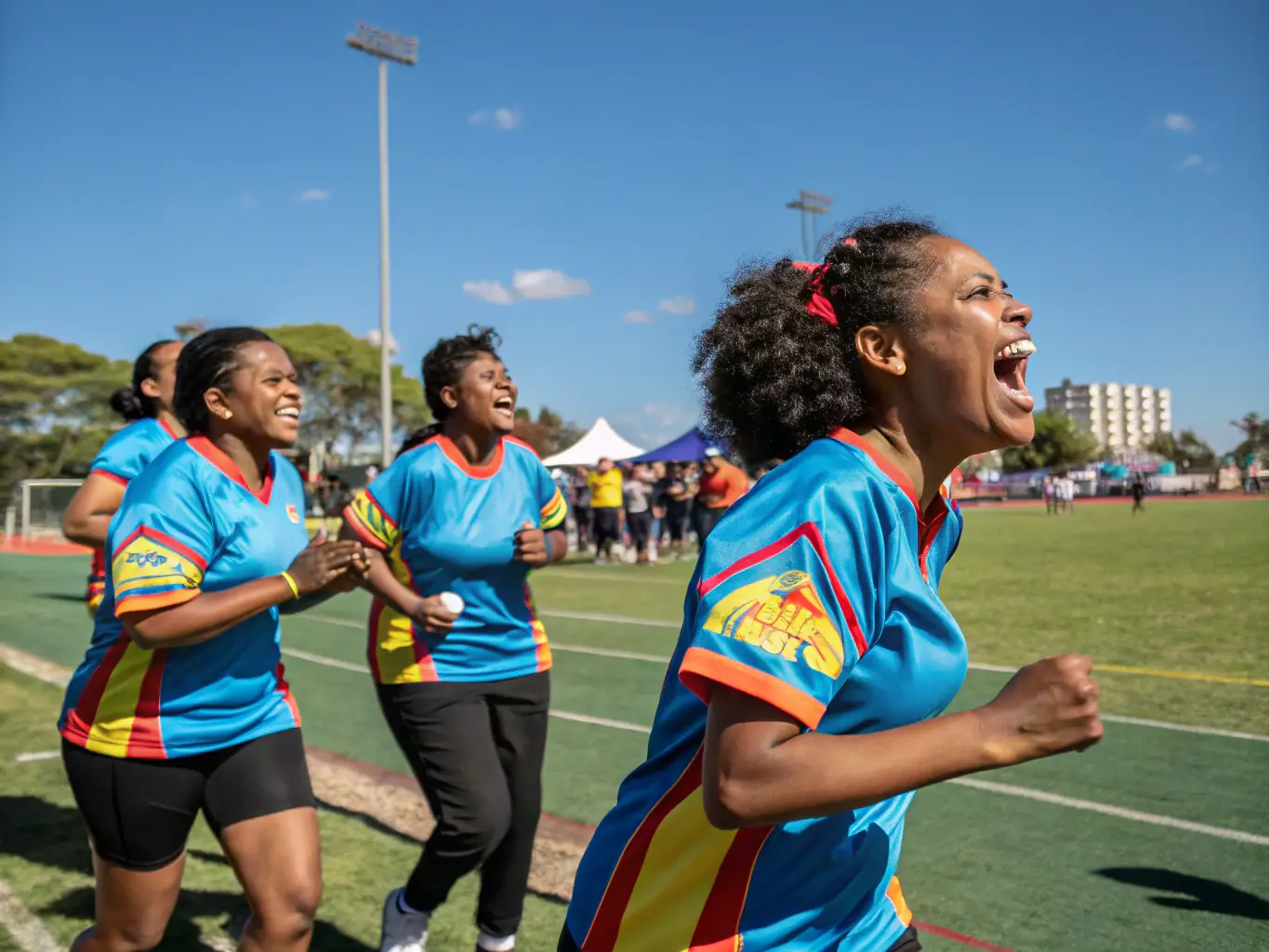 A group of female athletes participating in a sports workshop, focusing on empowerment, skill-building, and promoting gender equality in sports.