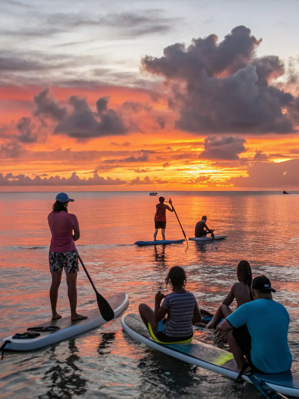 A group of stand-up paddleboarders, including both men and women, participating in a LATITUDE COMPETITION race on a sunny day, showcasing the competitive spirit.
