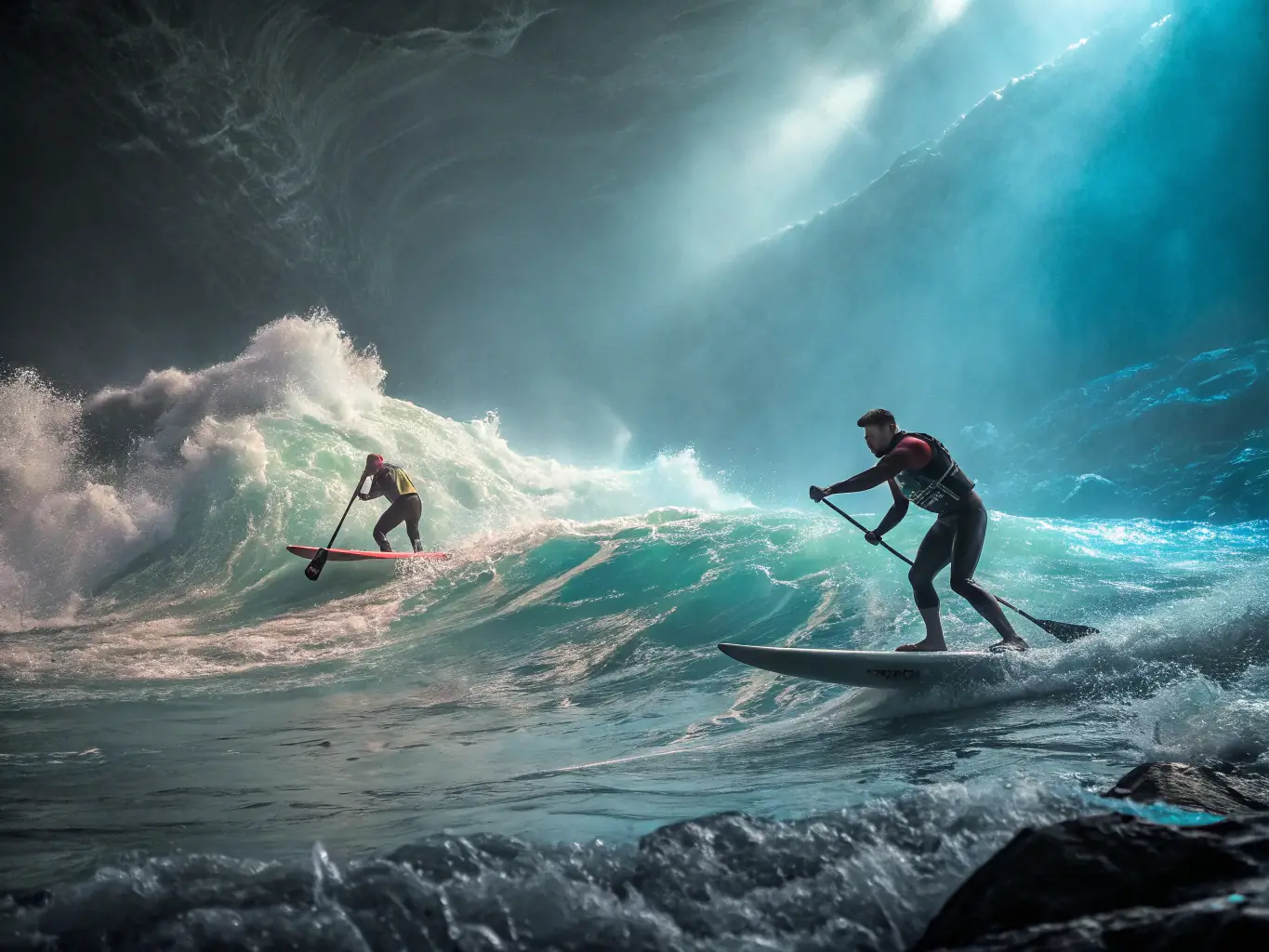 A dynamic image of athletes participating in a stand-up paddleboarding race, showcasing the speed, skill, and competitive spirit of the event.