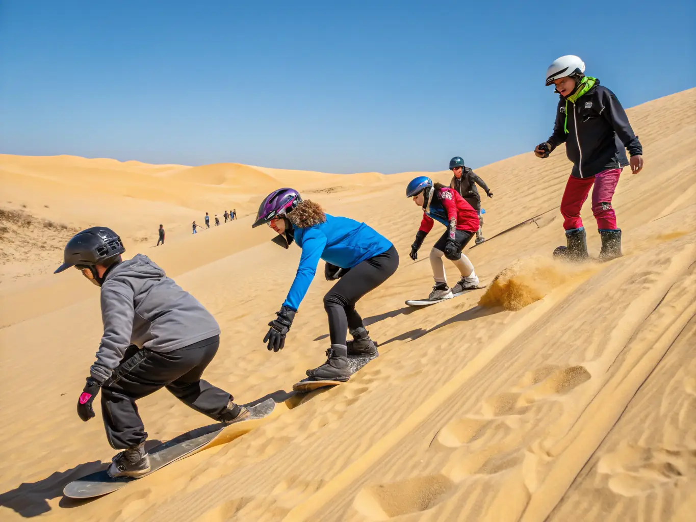 An action shot of a sand yachting training session on a wide, sandy beach, with participants of various ages and skill levels learning from experienced instructors.